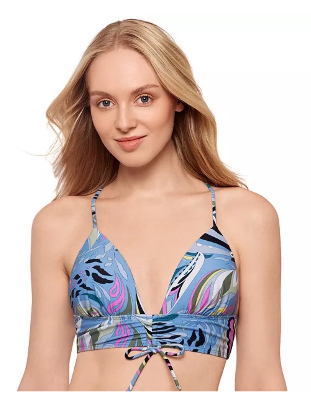 Blue Multicolor Printed Triangle Bralette Swim Top